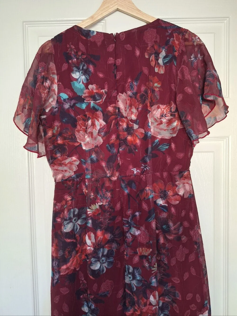 Vone Mireya Floral Ruffle Faux Wrap Midi Dress Burgundy Gold Shimmer US 8